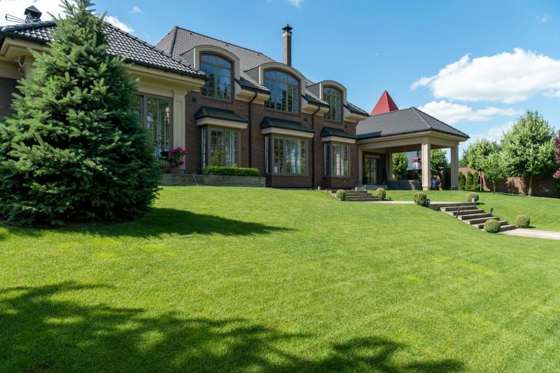 Luxury estate with modern architecture and a manicured lawn under a clear blue sky.